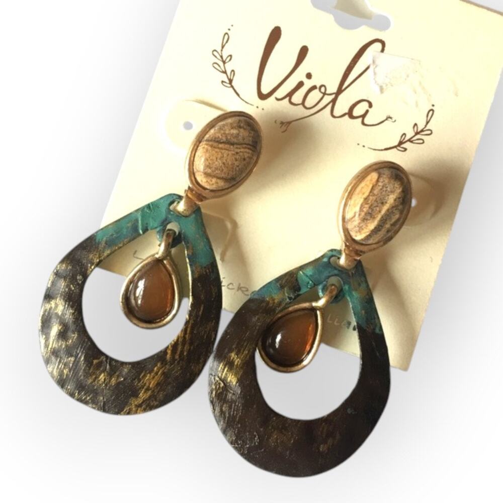 Beautiful patina metal and stone post earrings, country chic